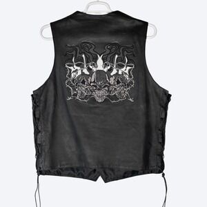 Xelement Mens XXL Tall Reflective Flames Black Leather Motorcycle‎ Vest Skulls